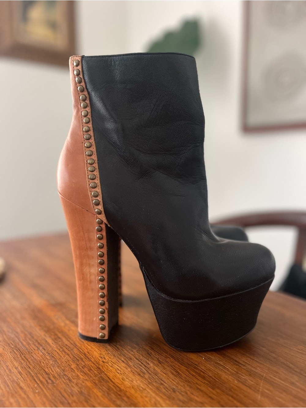 Steve Madden Black Leather Platform Ankle Boots with Brown Wood Heel